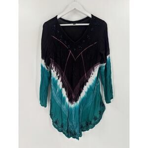 Greater Good Blouse Womens Large/XL Blue Black V Neck Tie Dye Sequins Bohemian